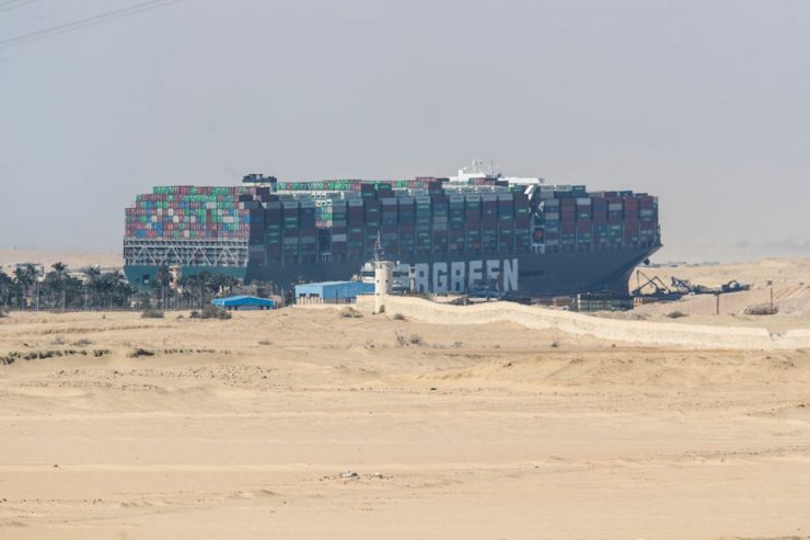 Container ship Ever Given is seen at the Suez Canal on March 28, 2021