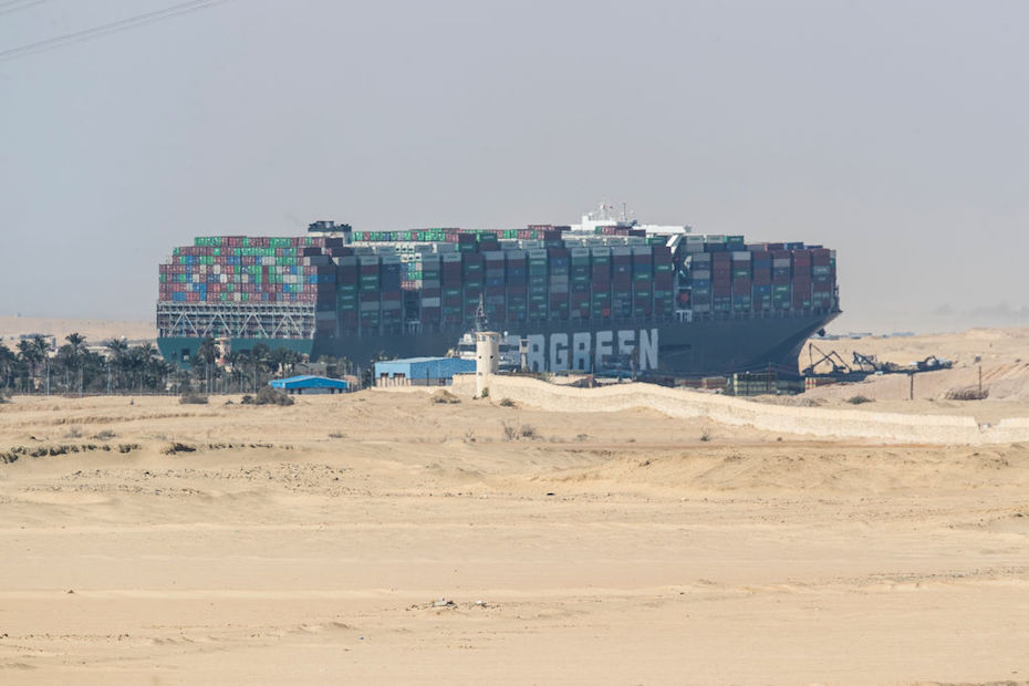 Container ship Ever Given is seen at the Suez Canal on March 28, 2021