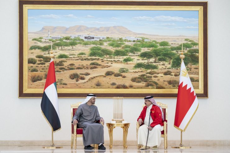 SAKHIR, BAHRAIN - November 10, 2022: HH Sheikh Mohamed bin Zayed Al Nahyan, President of the United Arab Emirates (L), meets with HM King Hamad bin Isa Al Khalifa, King of Bahrain (R) ( Abdulla Al Neyadi / UAE Presidential Court )