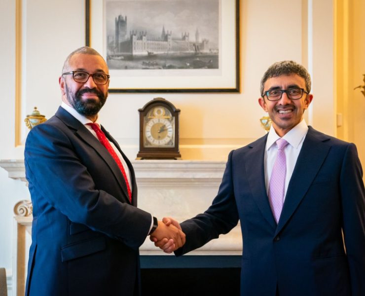 UAE-UK Sheikh Abdullah bin Zayed Al Nahyan and James Cleverly meet for the Strategic Dialogue between the UAE and UK. Image Credit: MOFAIC