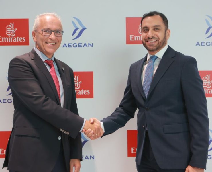 Dimitris Gerogiannis of Aegean and Adnan Kazim Emirates CCO announce codeshare extension Image Emirates
