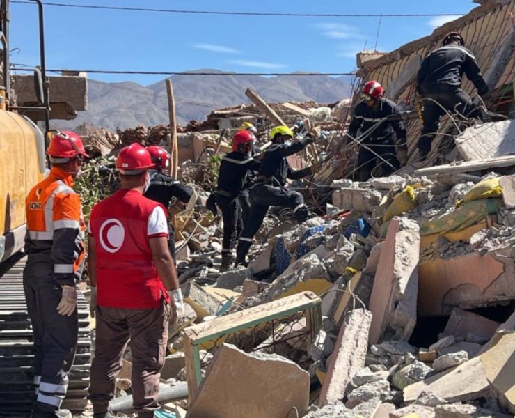 MARRAKESH, MOROCCO - SEPTEMBER 11: Search and rescue operation teams continue search and rescue operations after 7 magnitude earthquake in Talat N'Yaaqoub town of Marrakesh, Morocco on September 11, 2023. At least 2,497 people were killed and 2,476 others were injured when a magnitude-7 earthquake struck Morocco. (Photo by Said Echarif/Anadolu Agency via Getty Images)