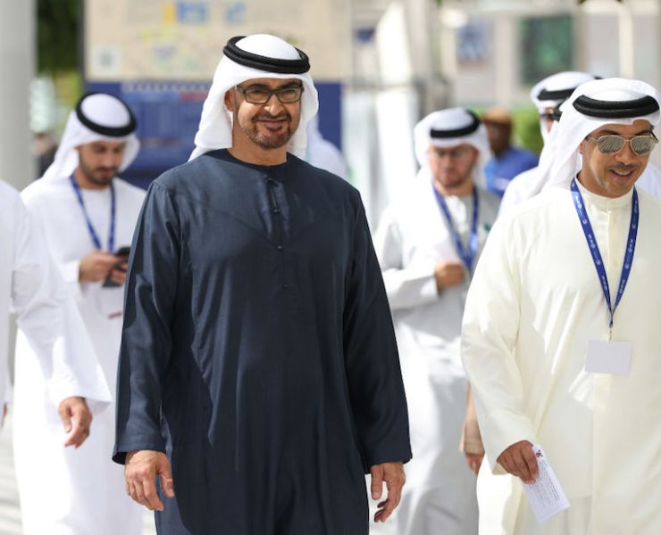Sheikh Mohammed bin Zayed Al Nahyan, United Arab Emirate's president, left, and Sheikh Mansour bin Zayed Al Nahyan, United Arab Emirates' deputy prime minister, on the opening day of the COP28 climate conference at Expo City in Dubai, United Arab Emirates, on Thursday, Nov. 30, 2023. More than 70,000 politicians, diplomats, campaigners, financiers and business leaders will fly to Dubai to talk about arresting the world’s slide toward environmental catastrophe. Photographer: Hollie Adams/Bloomberg