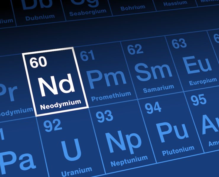 Neodymium, on periodic table. Rare earth metal in lanthanide series, with atomic number 60 and element symbol Nd, from Greek neos didymos, meaning new twin. Used for lasers and high strength magnets.