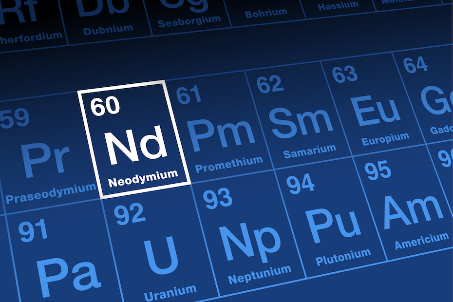 Neodymium, on periodic table. Rare earth metal in lanthanide series, with atomic number 60 and element symbol Nd, from Greek neos didymos, meaning new twin. Used for lasers and high strength magnets.