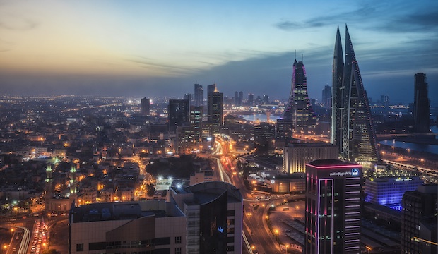 Bahrain, Manama, Cityscape view of Bahrain World Trade Center and Bahrain Financial Harbor